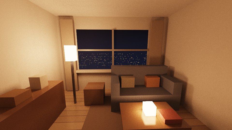 壁ぎわの間接照明で照らした部屋のようす