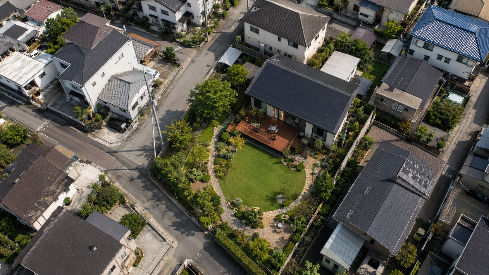 住宅と庭の空撮（実写イメージ／デモ用）
