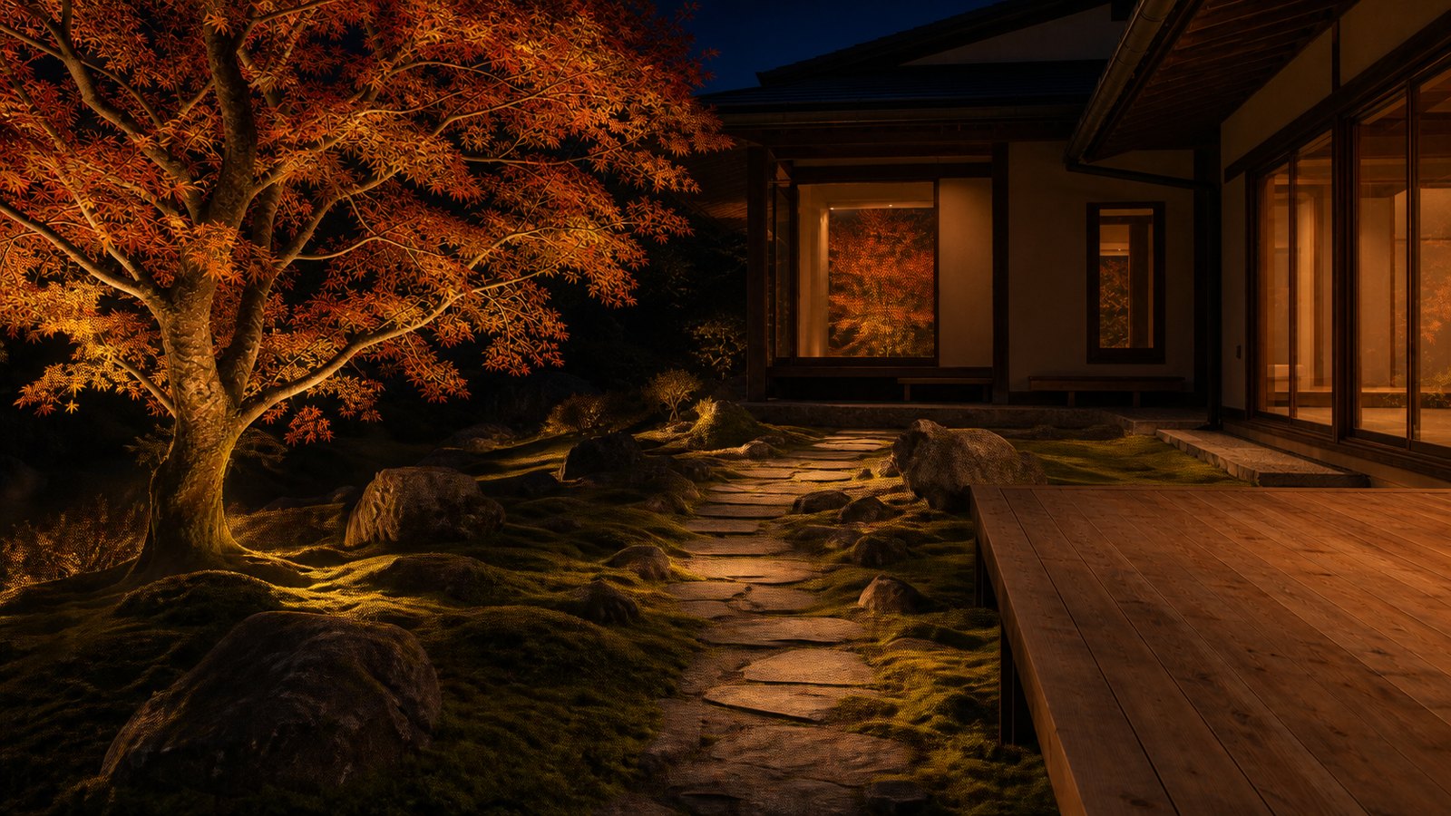 灯りにともされた夜の庭（見本）