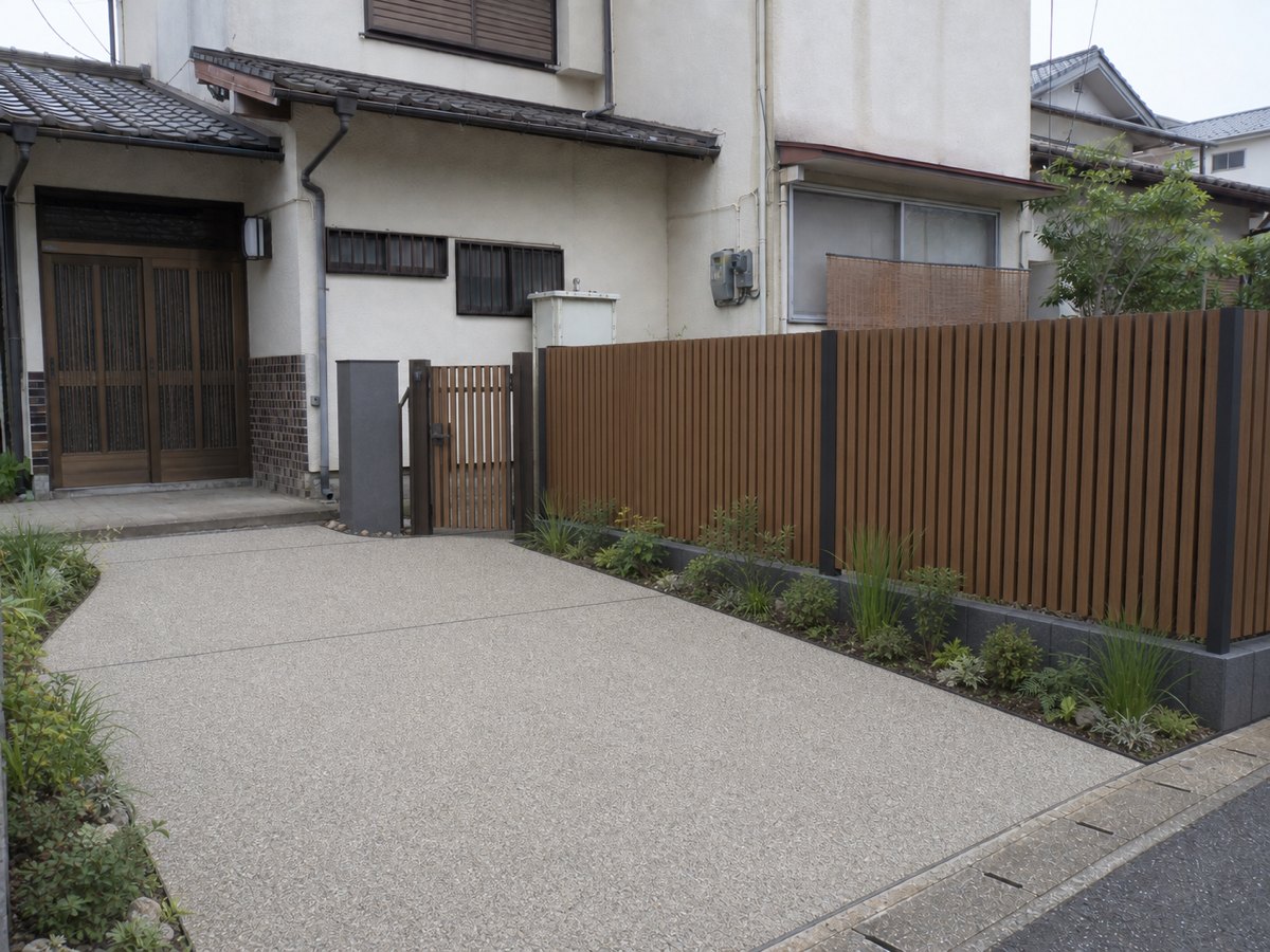施工後：木調のモダン外構（見本）