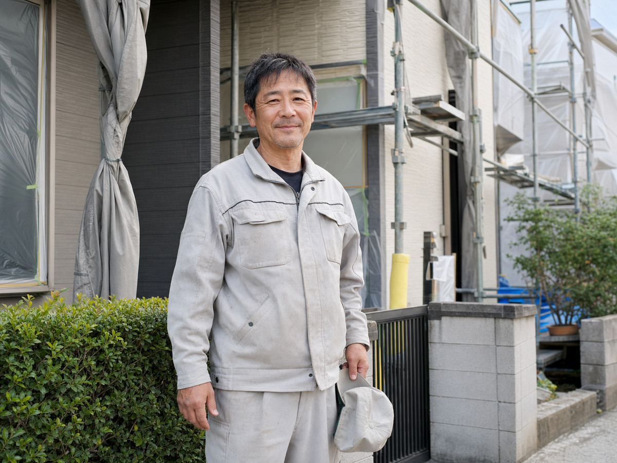 現場に立つ50代の塗装職人の柔らかい笑顔