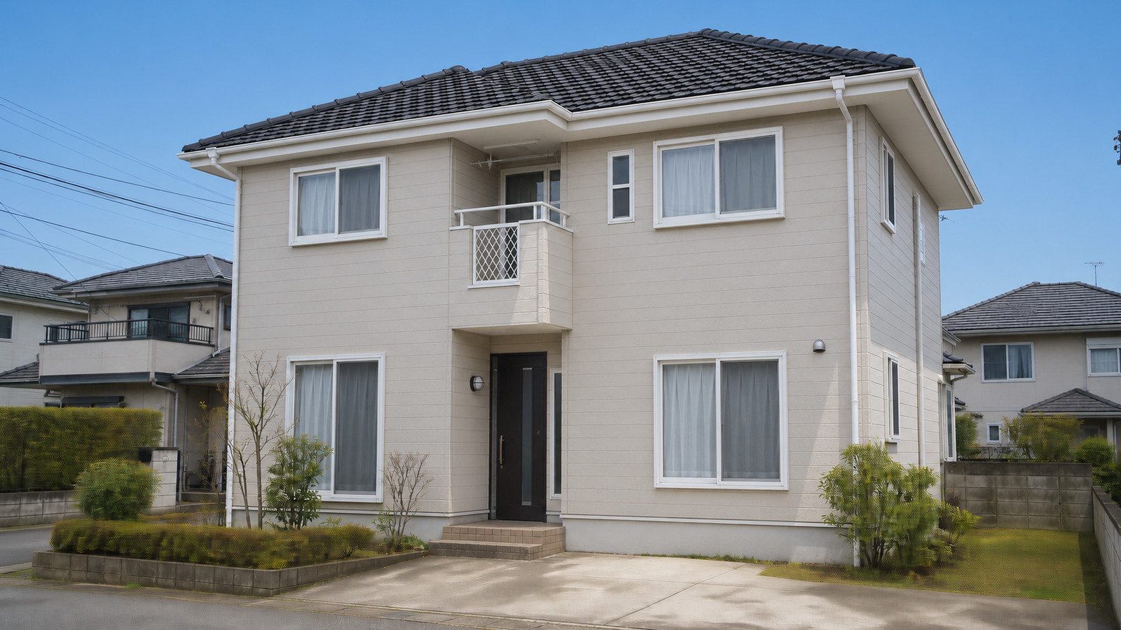 淡いグレージュに塗り替えた同じ戸建て外壁(施工後)