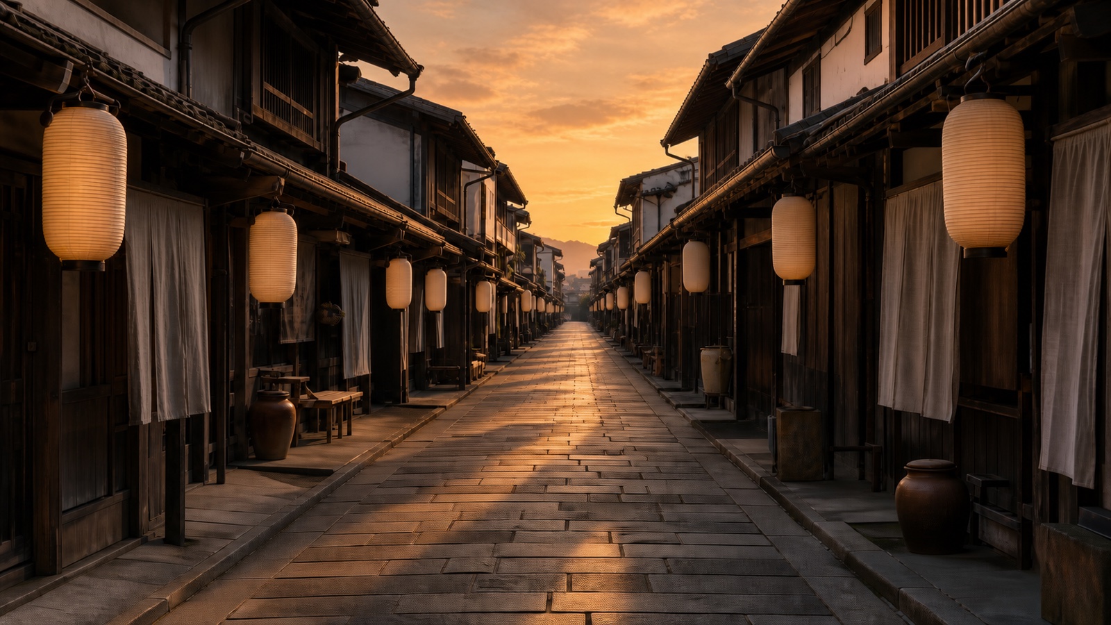 匠乃通りの夕暮れ。低い橙の光が石畳と工房ののれんを照らす