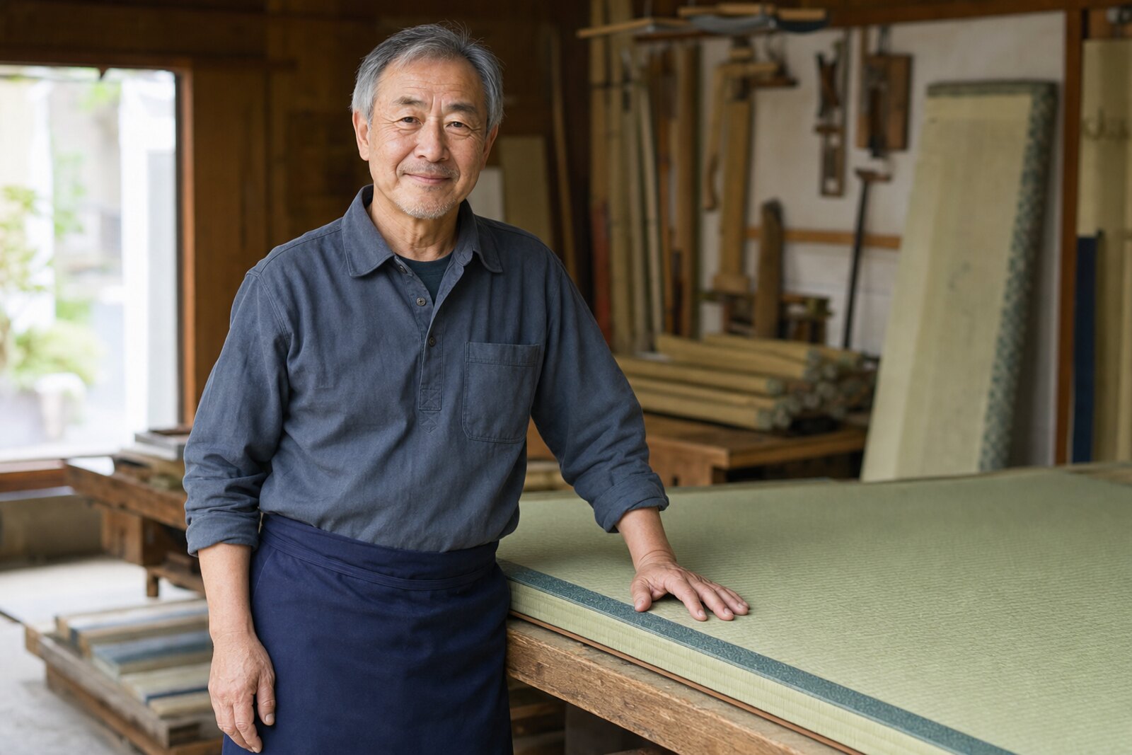 工房に立つ60代の畳職人の柔らかい笑顔