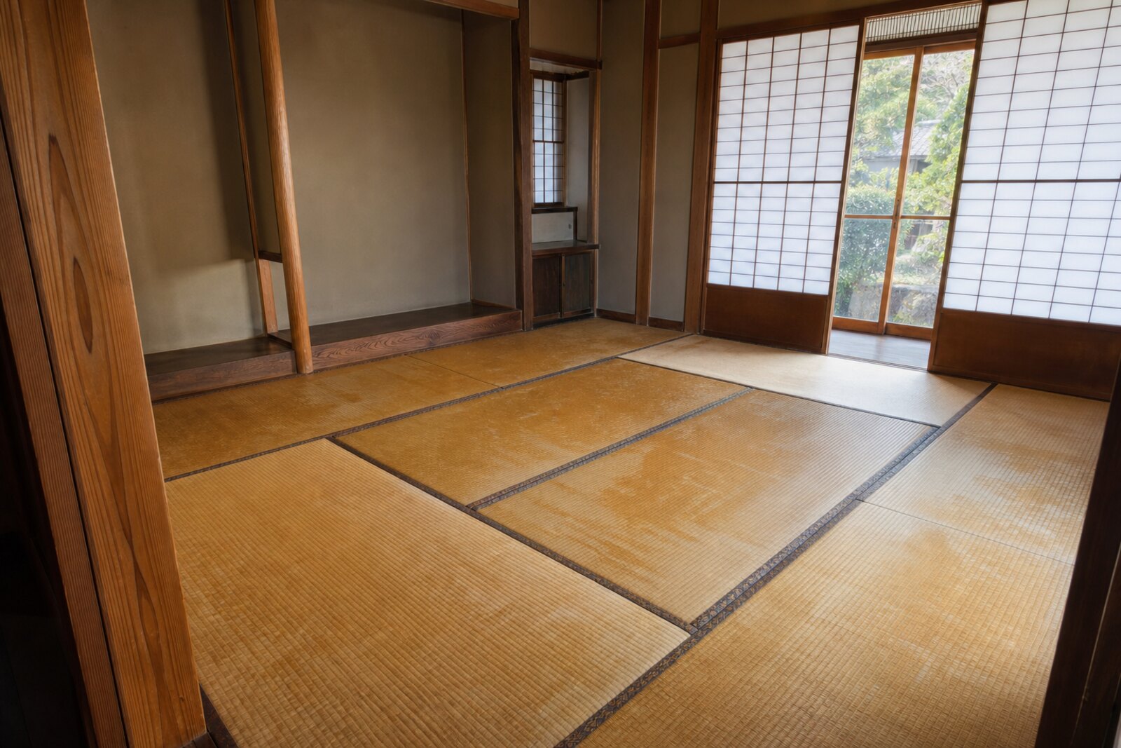 日焼けして色あせた八畳和室の畳(施工前)